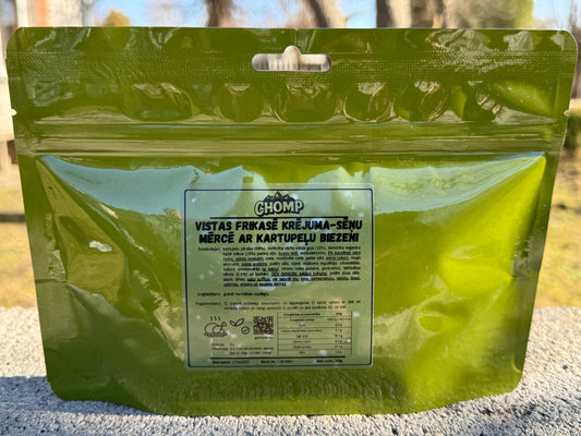 Vistas frikasē krējuma-sēņu mērcē ar kartupeļu biezeni