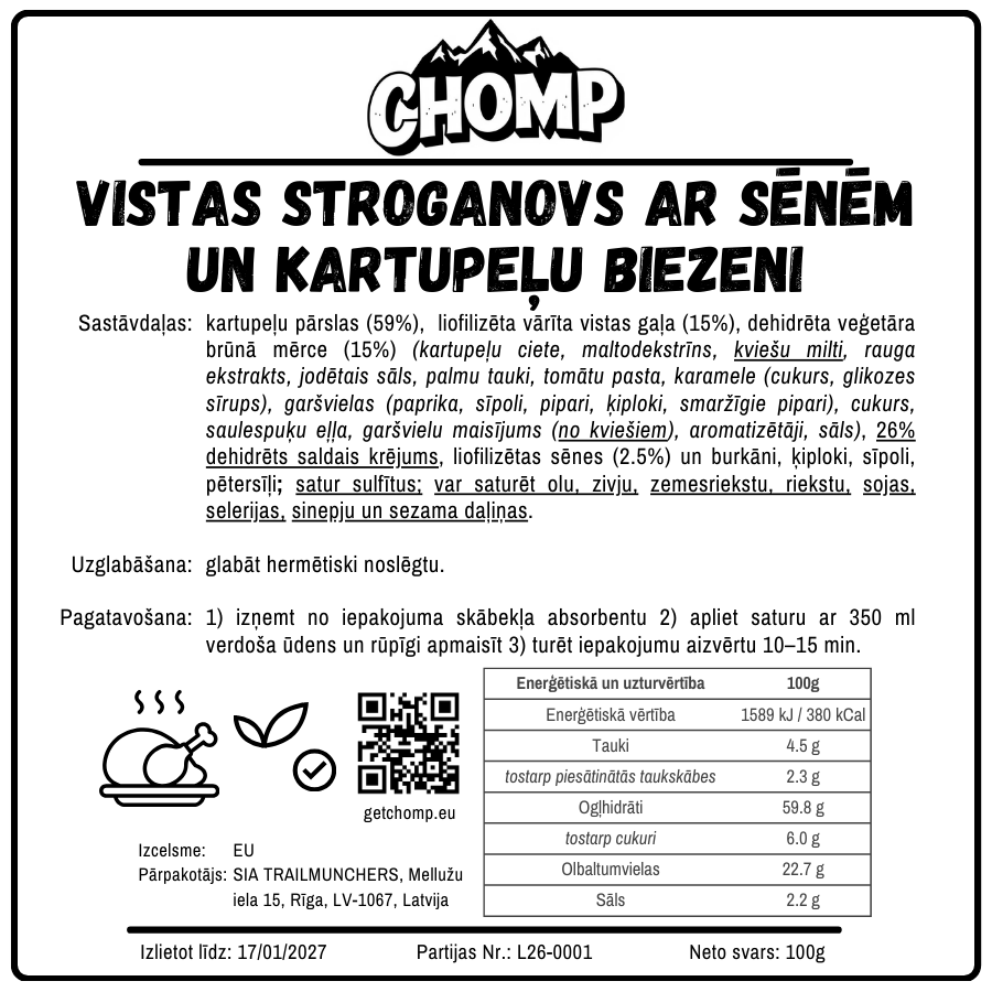 Vistas stroganovs ar sēnēm un kartupeļu biezeni