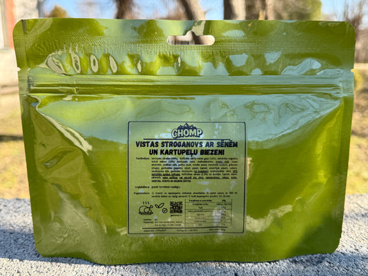 Vistas stroganovs ar sēnēm un kartupeļu biezeni